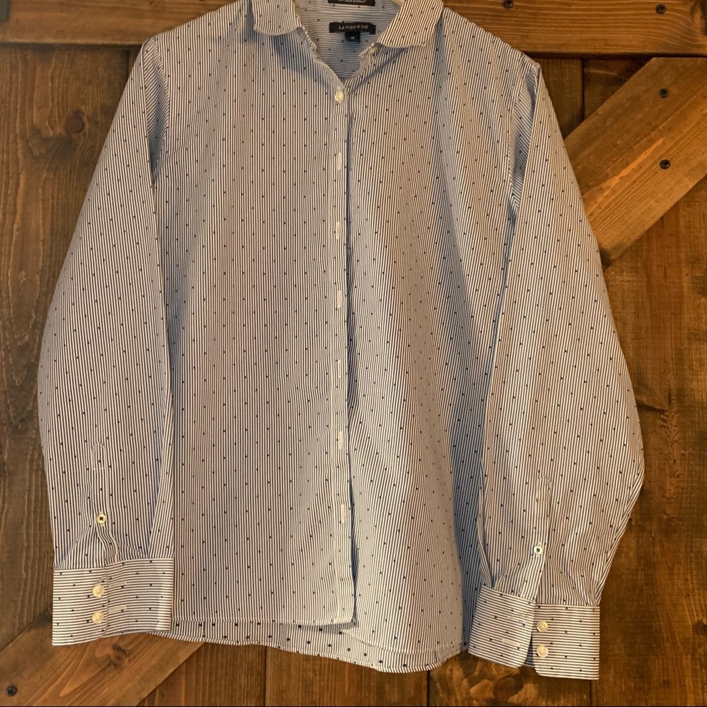 LANDS’ END Ladies Navy Dot Supima No Iron Button-down Shirt